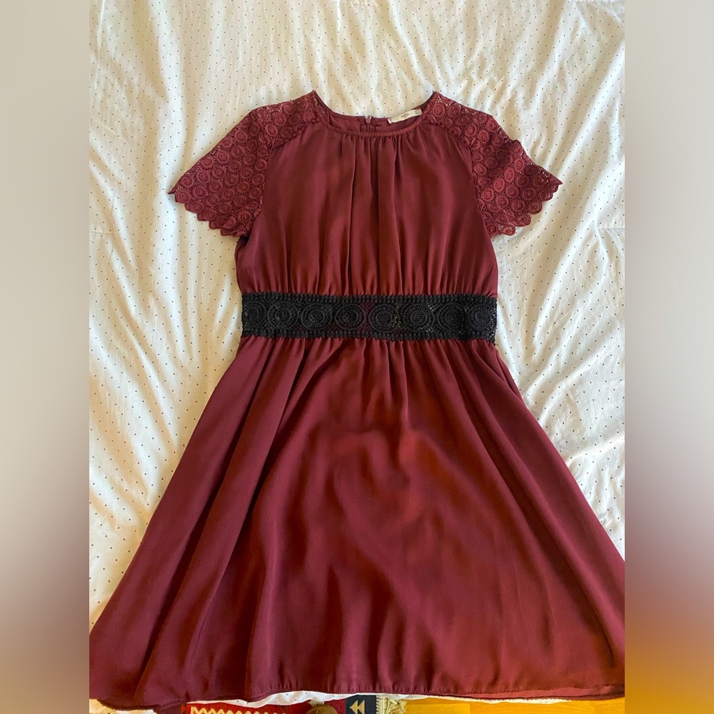 Mango Burgundy Dress with Lace Inset